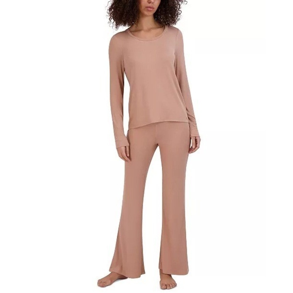 Steve Madden Ribbed Knit Lounge Set Long Sleeve‎ Top Flare Pants Brown Small